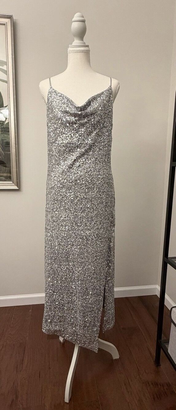 Greylin Silver Sequin Midi Dress Formal Cocktail Wedding Party - Picture 4 of 7